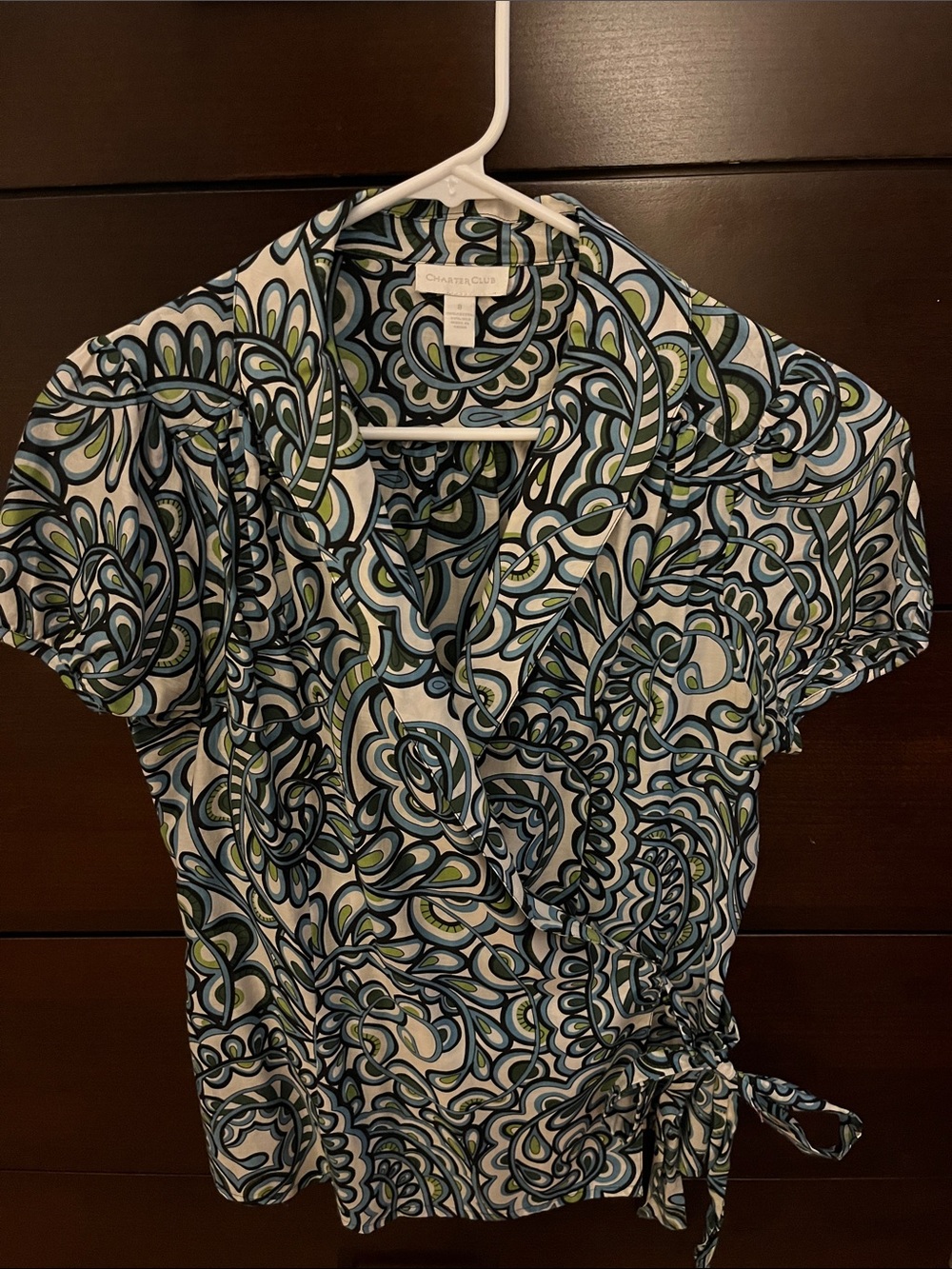 Charter Club Blue & Green Patterned Short-Sleeve wrap blouse